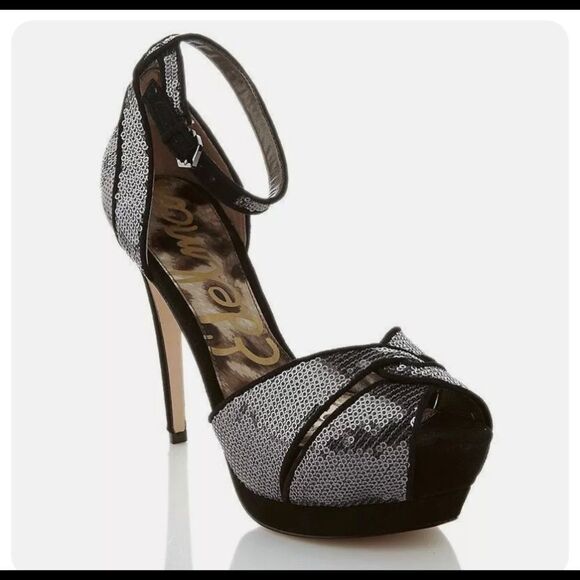 SAM Edelman PAISLEY Sequin Ankle Strap Platform Gray silver Size 8 - Picture 2 of 14